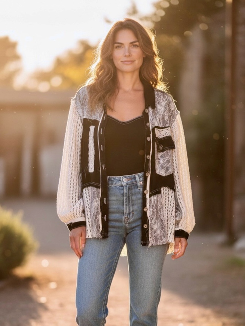 POL Black and Cream Mixed-Media Bomber Jacket